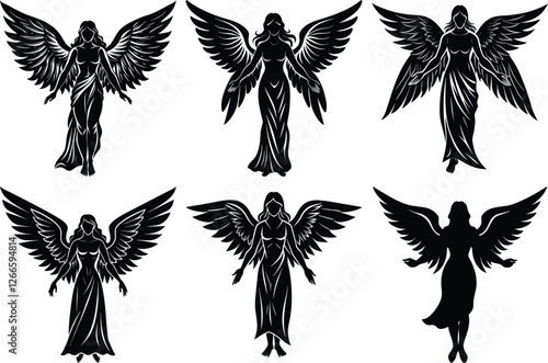 Angel silhouettes, flying angel vector silhouette illustration