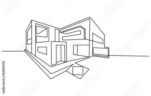 Flat roof house or commercial building in continuous line art drawing style,Continuous one line art building
