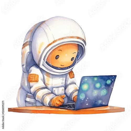 watercolors Cute astronaut hacker operating laptop illustration