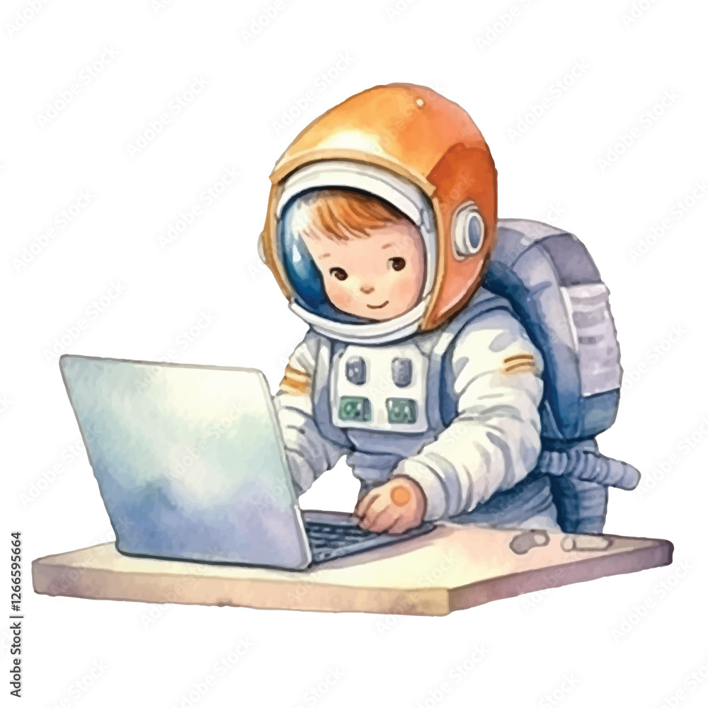 watercolors Cute astronaut holding laptop illustration watercolors Cute astronaut holding laptop illustration