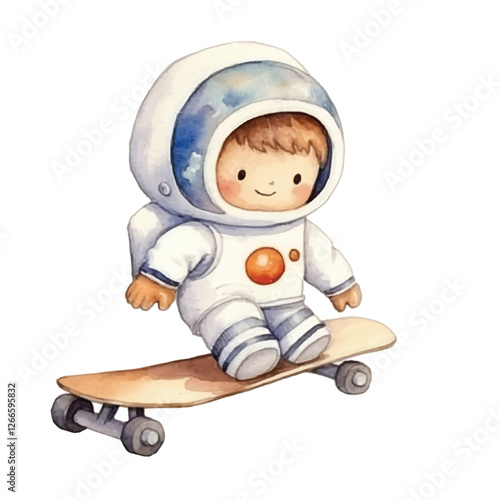 watercolors Cute astronaut playing skateboard illustration 