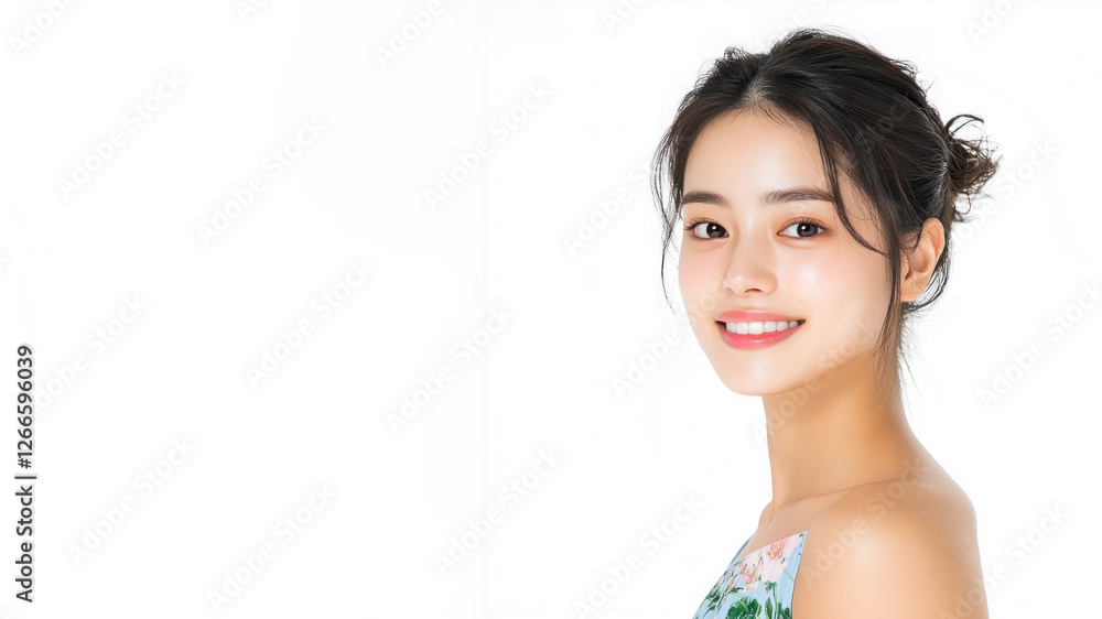 Happy Korean woman wearing blue dress smiling isolated on white background Happy Korean woman wearing blue dress smiling isolated on white background