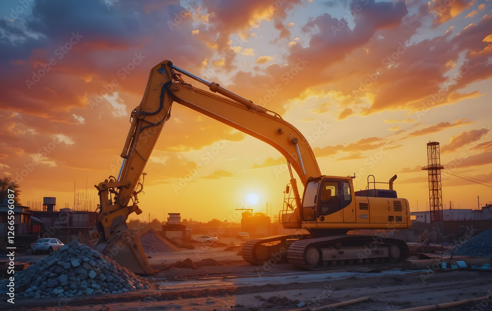 Construction Excavator at Sunset – Heavy Machinery on Construction Site - Excavator at Construction Site Against Sunset Sky – Industrial Machinery Construction Excavator at Sunset – Heavy Machinery on Construction Site - Excavator at Construction Site Against Sunset Sky – Industrial Machinery