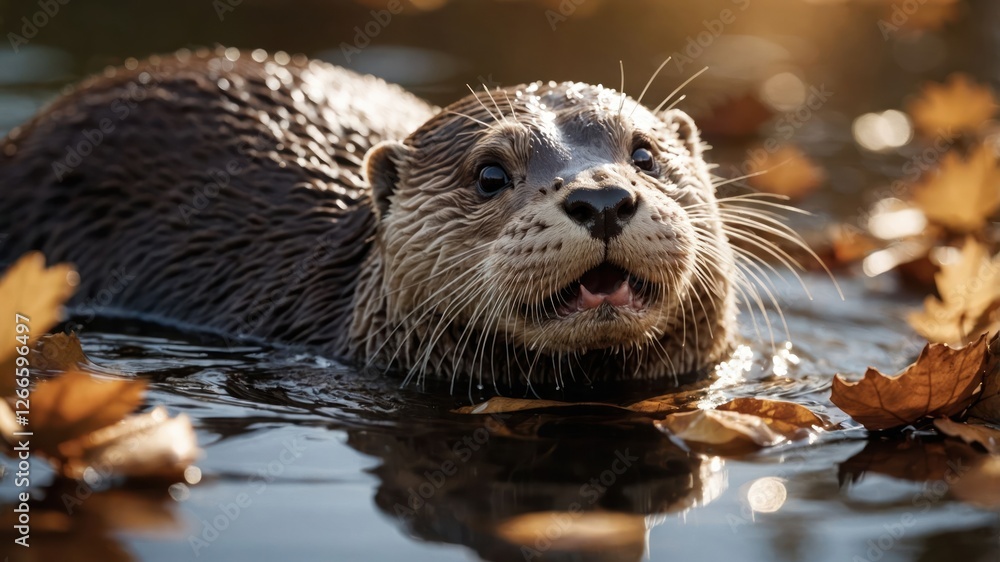A playful otter swimming in a serene pond surrounded by autumn leaves. A playful otter swimming in a serene pond surrounded by autumn leaves.