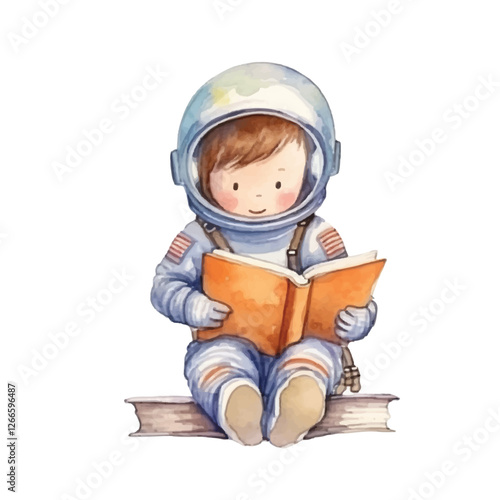 watercolors Cute astronaut reading book illustration 