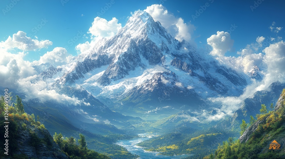 Majestic snow-capped mountain peak surrounded by lush valley, river, and clouds under a vibrant blue sky. Majestic snow-capped mountain peak surrounded by lush valley, river, and clouds under a vibrant blue sky.