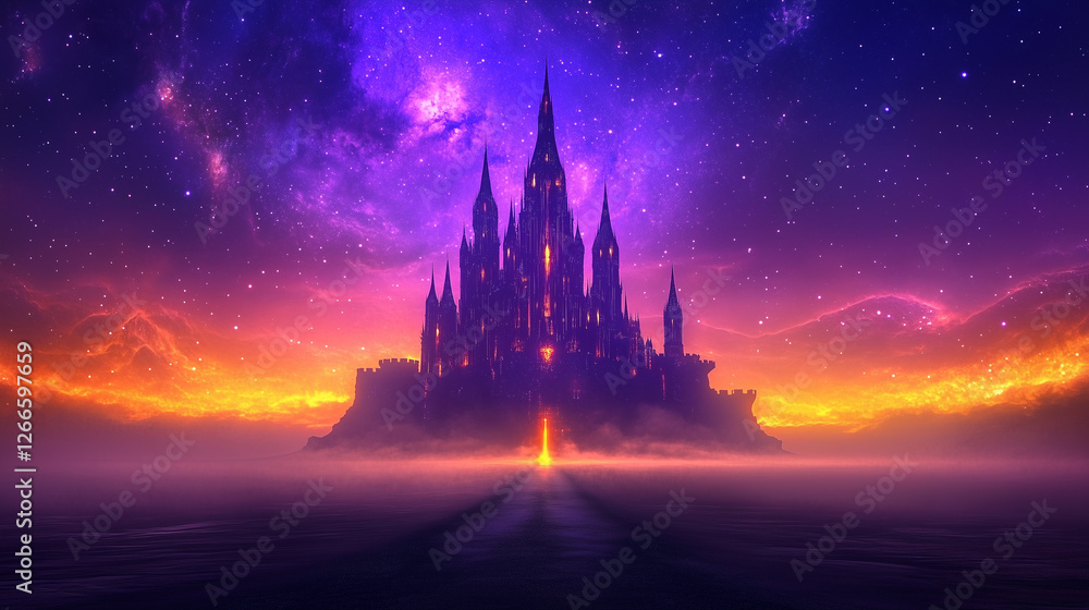 Naklejka premium World of warcraft style majestic castle with a cosmic sky