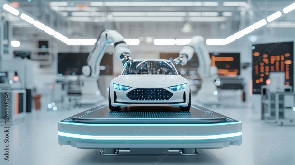 A futuristic car is being assembled by robotic arms in a high-tech manufacturing facility, showcasing advanced automation in the automotive industry. A futuristic car is being assembled by robotic arms in a high-tech manufacturing facility, showcasing advanced automation in the automotive industry.
