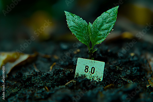 Young sprout in dark soil with label. Close-up. Use for nature, gardening, growth photo