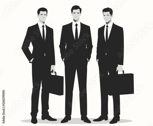 Three illustrated men in dark suits with briefcases