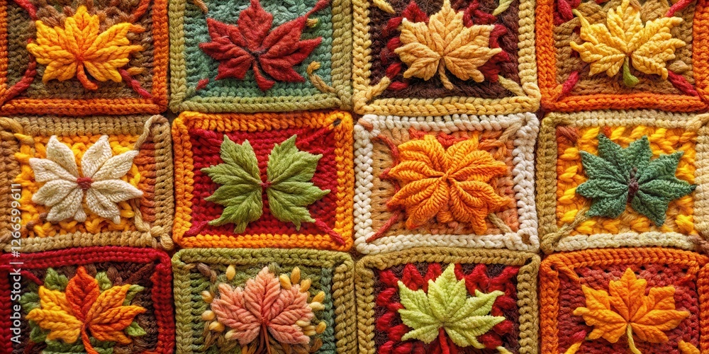 Colorful crocheted squares with fall foliage patterns in warm autumn tones, intertwined with knitted squares featuring intricate leaf and branch designs , fall knitting, crochet pattern Colorful crocheted squares with fall foliage patterns in warm autumn tones, intertwined with knitted squares featuring intricate leaf and branch designs , fall knitting, crochet pattern