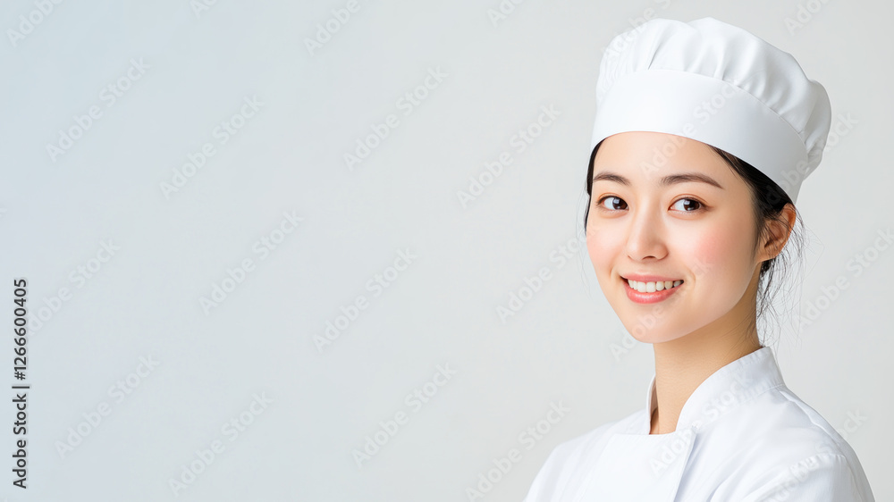 Chinese young chef woman smiling isolated on white background Chinese young chef woman smiling isolated on white background