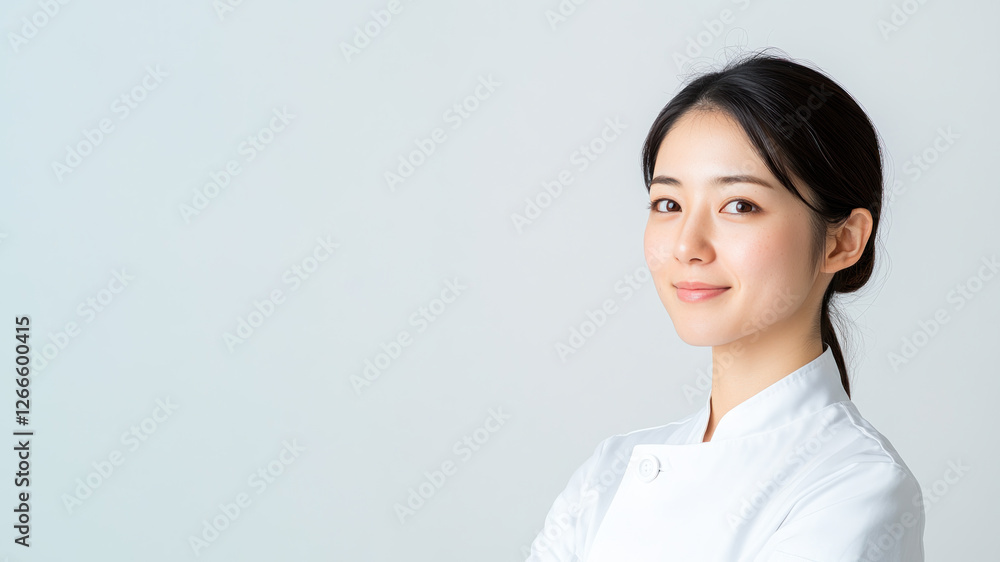 Japanese young chef woman smiling isolated on white background Japanese young chef woman smiling isolated on white background