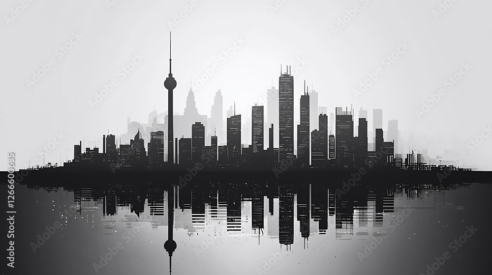 Fototapeta premium Black and white city skyline silhouette with reflection in minimalist style monochrome image