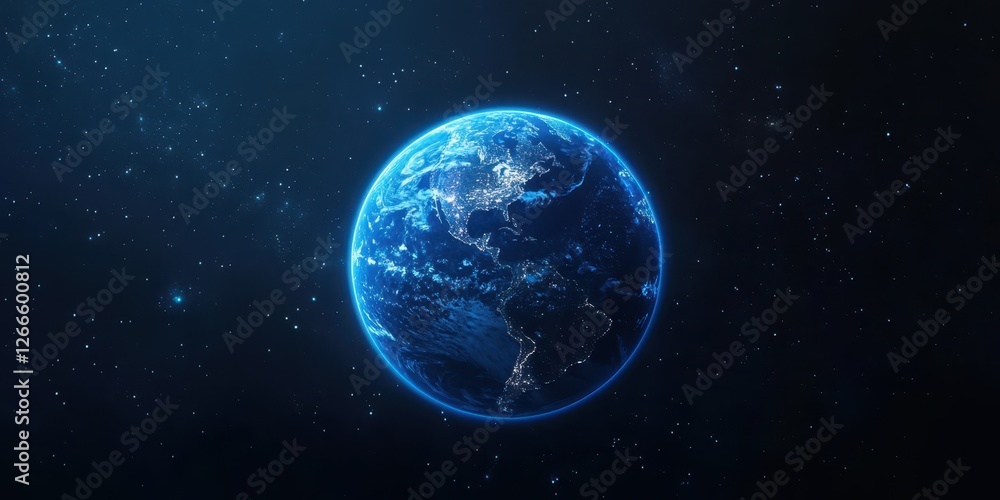 Earth illuminated at night shown amidst a starry backdrop Earth illuminated at night shown amidst a starry backdrop