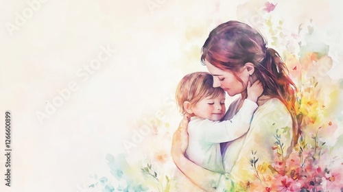 A delicate watercolor illustration of a mother embracing her child. Ideal for Mother's Day cards, parenting blogs, family-related content, and emotional designs.
