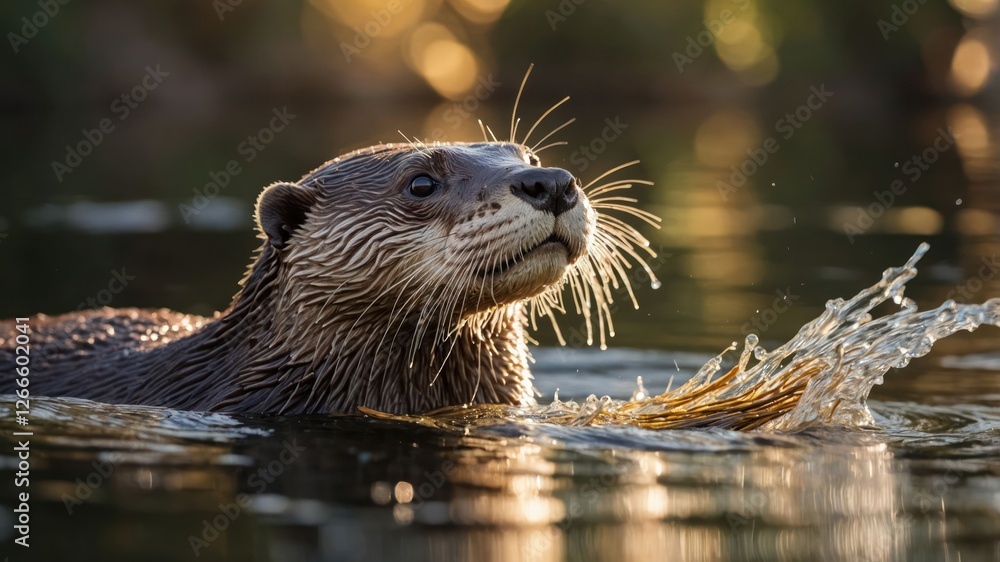 A playful otter swimming in a serene water setting, illuminated by soft sunlight. A playful otter swimming in a serene water setting, illuminated by soft sunlight.