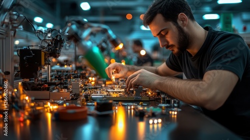 Factory worker repairs circuit board, robots in background