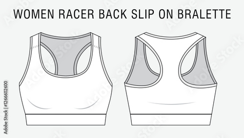 women racer back slip on bralette flat sketch, sports bra technical drawing, bra, flat sketch, fashion technology, tech pack, vector, editable stroke
