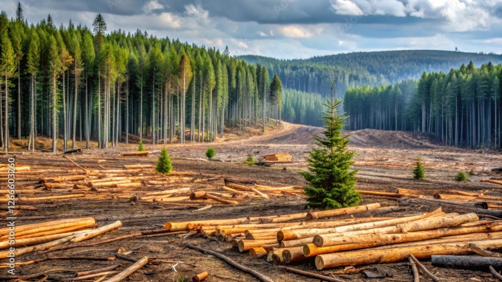 A solitary conifer stands amidst stacks of harvested lumber, symbolizing the contrast between deforestation and nature's resilience in a recently logged forest. A solitary conifer stands amidst stacks of harvested lumber, symbolizing the contrast between deforestation and nature's resilience in a recently logged forest.