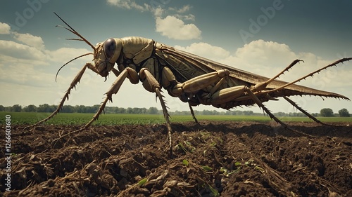 A giant locust consuming massive fields of crops, leaving behind devastation.