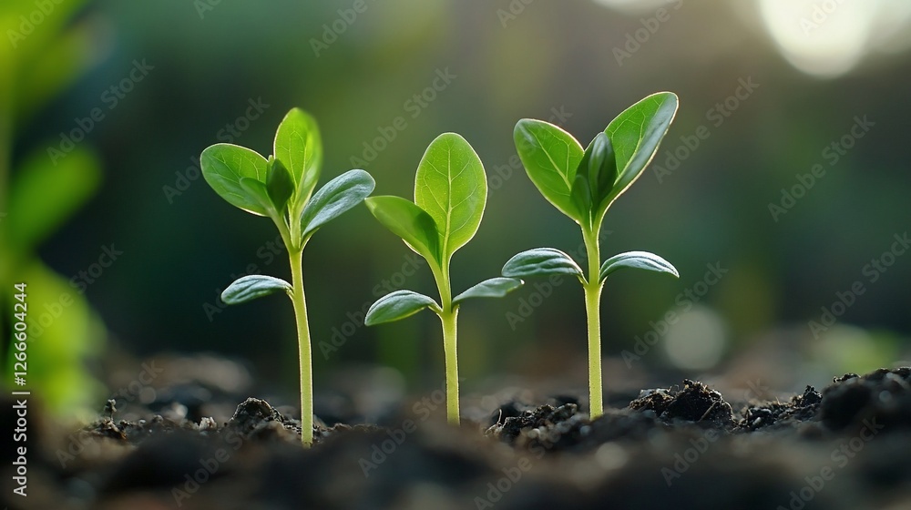 Three Young Seedlings Emerging from Soil Three Young Seedlings Emerging from Soil