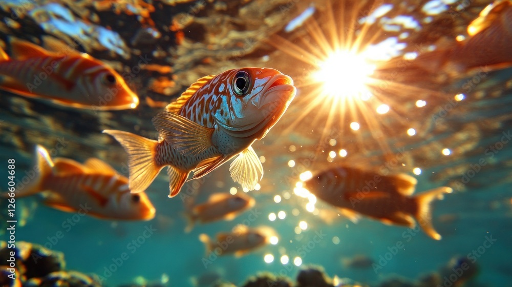 Underwater coral reef scene with school of fish and sunbeams Underwater coral reef scene with school of fish and sunbeams