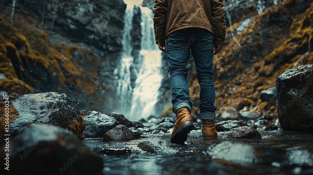 Person Walking Through Shallow Stream Near Majestic Waterfall Surrounded by Lush Greenery Person Walking Through Shallow Stream Near Majestic Waterfall Surrounded by Lush Greenery