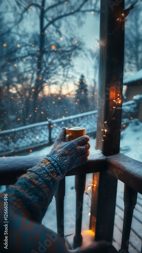 FirstPerson Perspective   Hands in mittens holding a warm drink on the porch photo