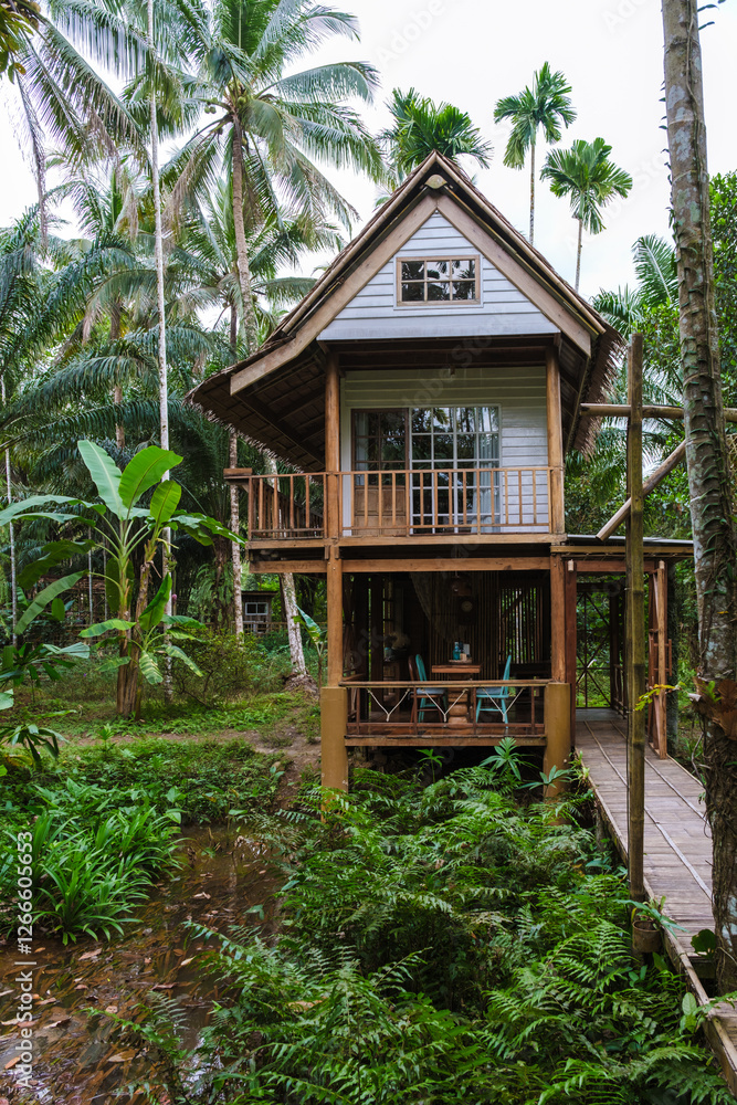 Tropical retreat with lush green vegetation and a charming wooden house Tropical retreat with lush green vegetation and a charming wooden house