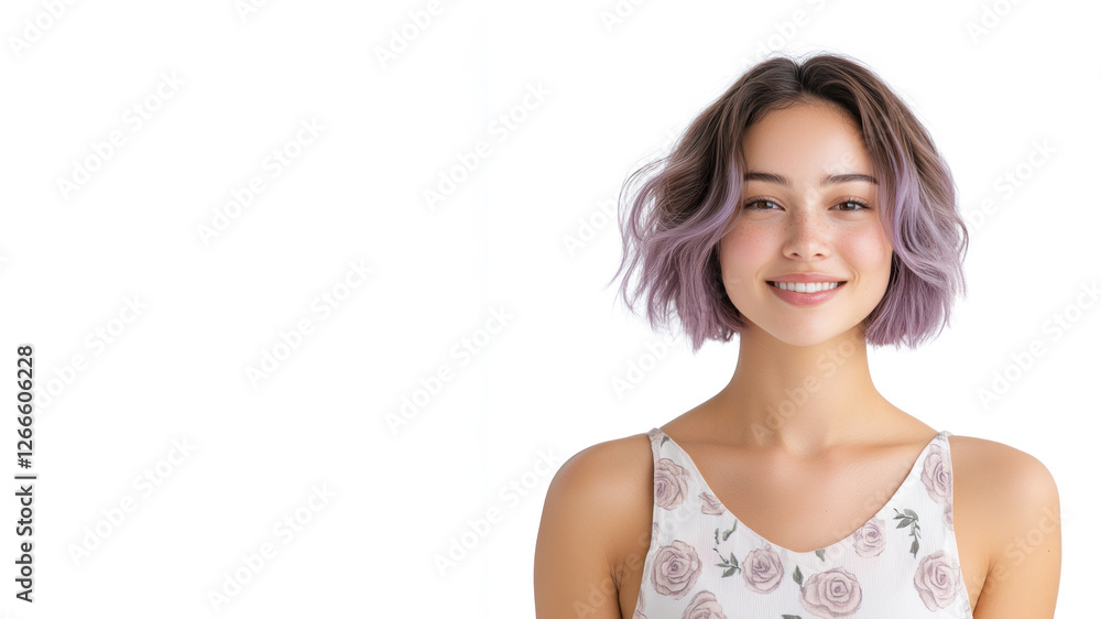 Purple hair woman wearing a white dress with a rose pattern smiling isolated Purple hair woman wearing a white dress with a rose pattern smiling isolated