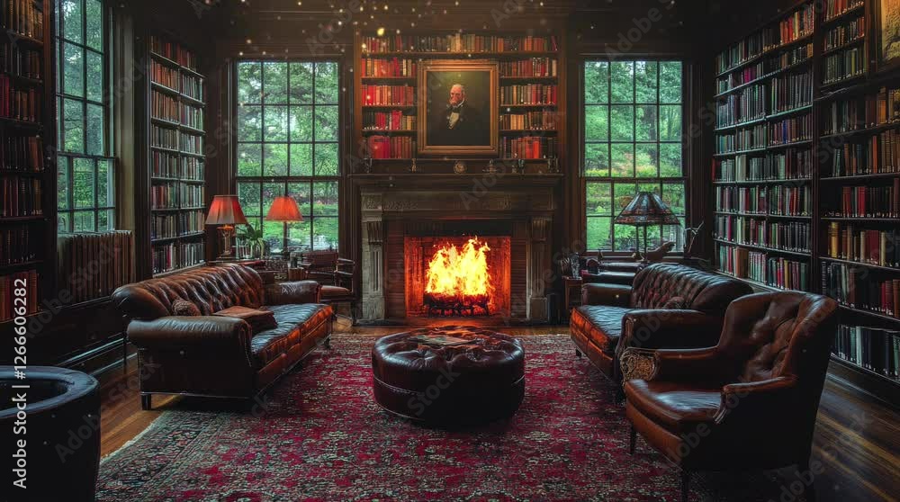 A cozy library with leather sofas, a fireplace, and bookshelves, creating a warm atmosphere. Seamless looping 4k video background A cozy library with leather sofas, a fireplace, and bookshelves, creating a warm atmosphere. Seamless looping 4k video background