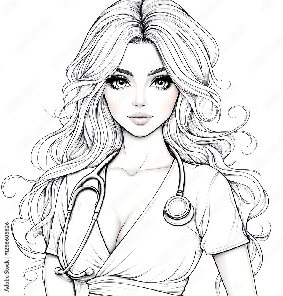 Φωτογραφία A woman with long hair is wearing a white shirt and a stethoscope