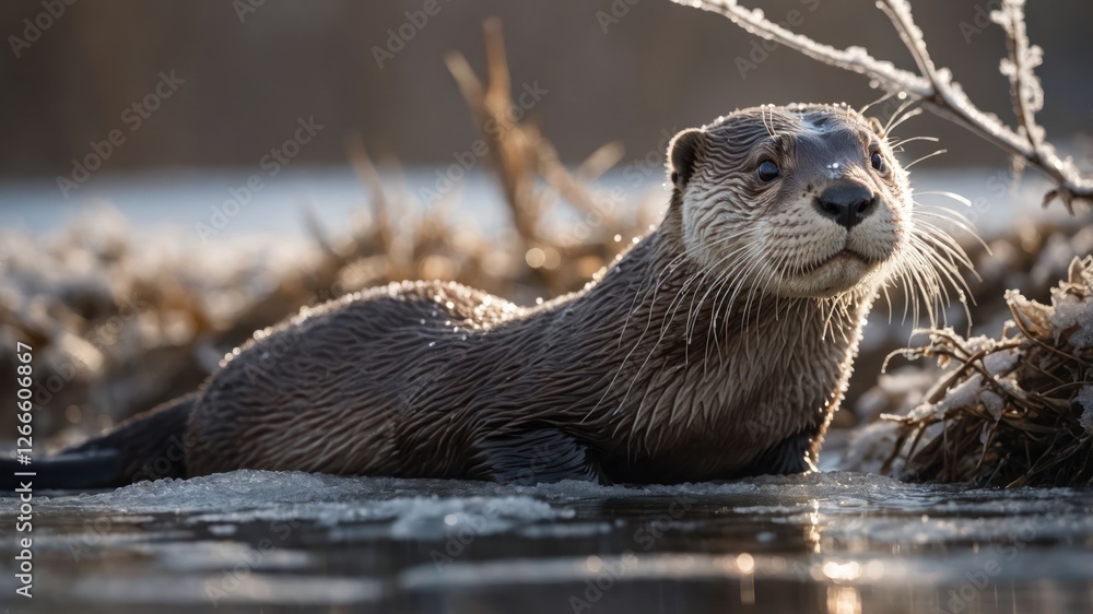 A playful otter emerges from the water, showcasing its sleek fur in a serene environment. A playful otter emerges from the water, showcasing its sleek fur in a serene environment.