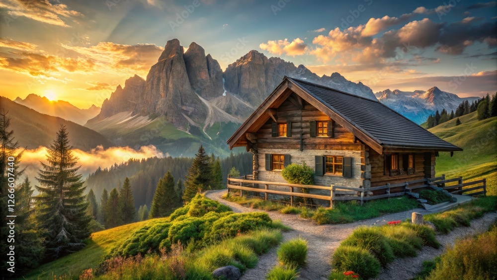 Fototapeta premium Passo Nigra's rustic charm meets breathtaking alpine vistas; stunning cottage photography awaits.