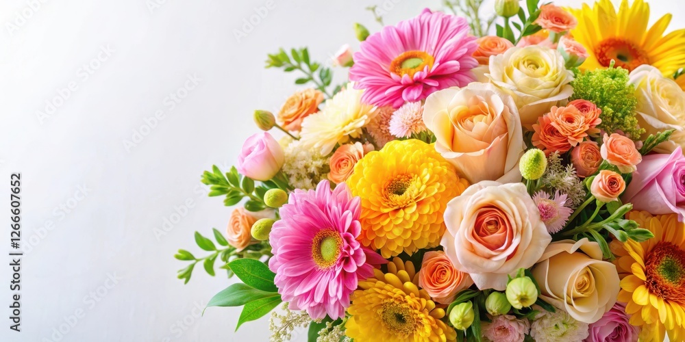 Obraz premium Colorful mixed floral arrangement against soft white background with pastel shades of pink yellow orange and green, colorful flowers, nature scene