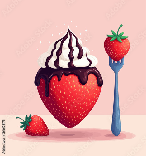 Cartoon Strawberry Dessert with Chocolate Syrup and Fork