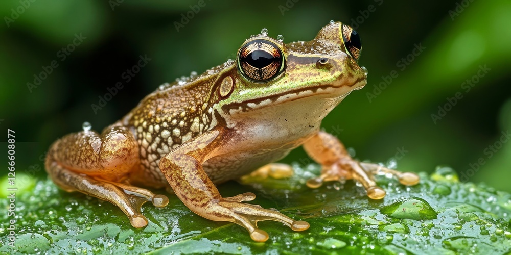 Fototapeta premium Green Frog Sitting on a Dew-Covered Leaf, Generative AI