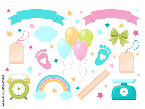 vector illustration of baby shower elements, including balloons, a rainbow, and baby feet. Ideal for creating custom designs, greeting cards, and social media graphics.