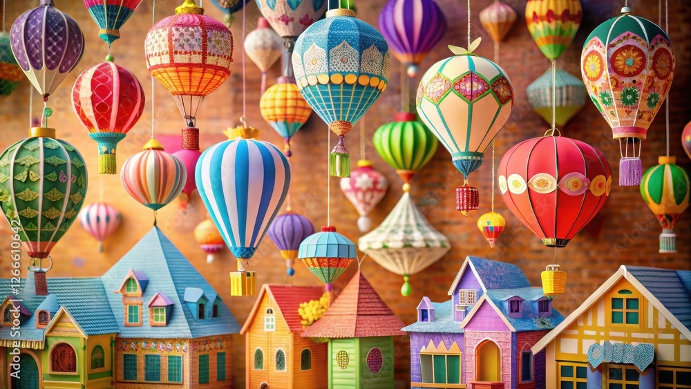 A colorful balloon hangs from a house's eaves with intricately designed paper cutouts in various shapes and sizes hanging below , festive, paper art A colorful balloon hangs from a house's eaves with intricately designed paper cutouts in various shapes and sizes hanging below , festive, paper art