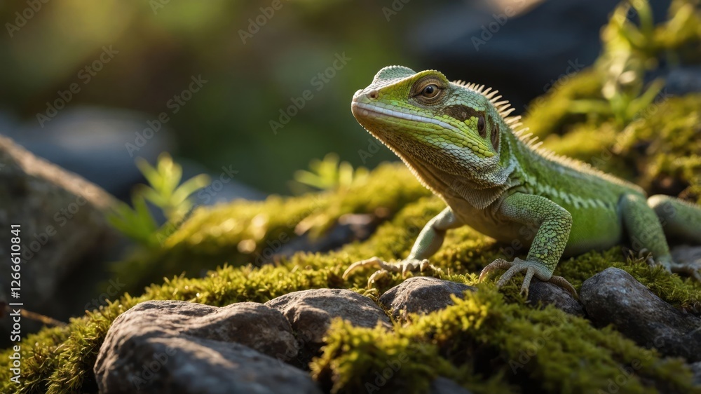 A vibrant green lizard resting on moss-covered rocks in a natural setting. A vibrant green lizard resting on moss-covered rocks in a natural setting.