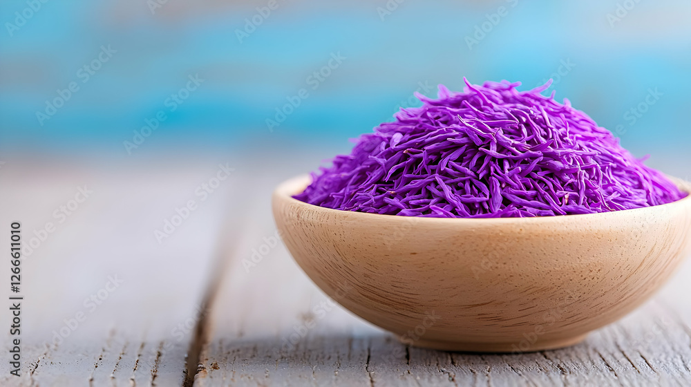 Fototapeta premium Purple flower petals in wooden bowl on rustic table