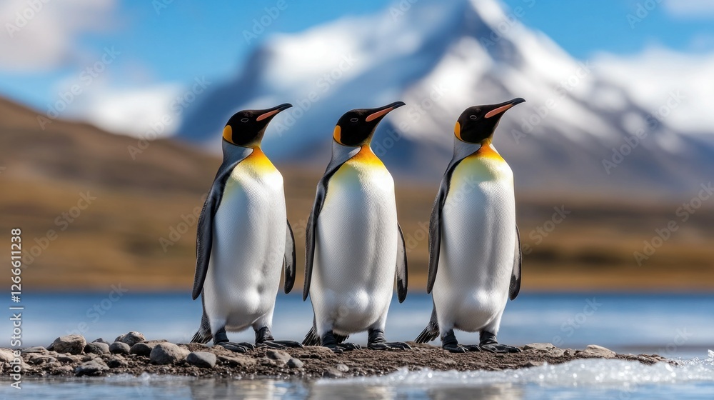Fototapeta premium Antarctic King Penguins on Ice Shoreline, Looking Toward Snowy Mountains