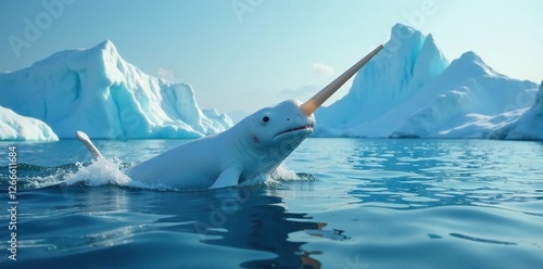 Narwhal breaks water with distinctive tusks gleaming white, sea, icy, iceberg photo