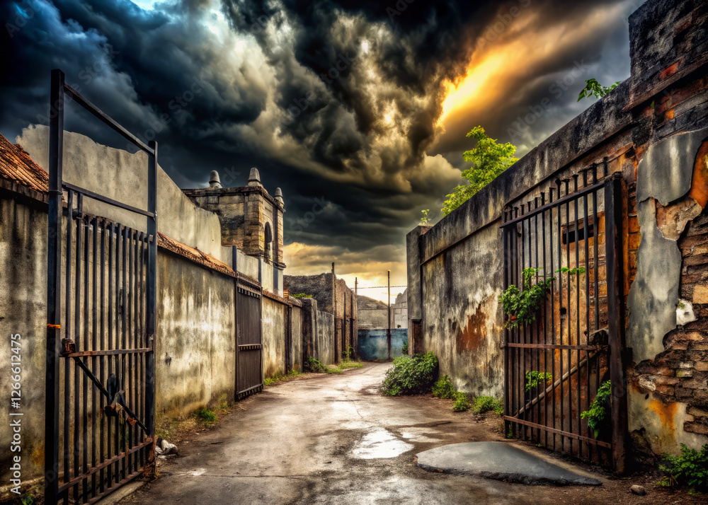 Ominous dark clouds loom over crumbling concrete walls and rusty gates Ominous dark clouds loom over crumbling concrete walls and rusty gates
