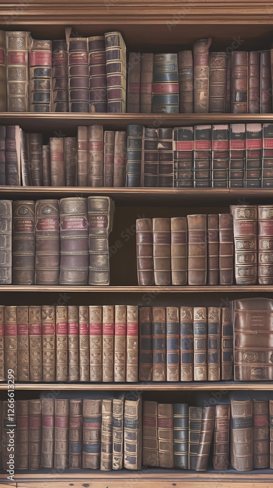 A full-frame view of a bookshelf with neatly lined old books A full-frame view of a bookshelf with neatly lined old books