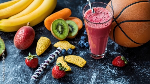 Refreshing Fruit Smoothie With Basketball And Snacks