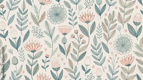 Elegant Botanical Illustration Featuring a Repeating Pattern of Delicate Flowers and Leaves in Soft Hues