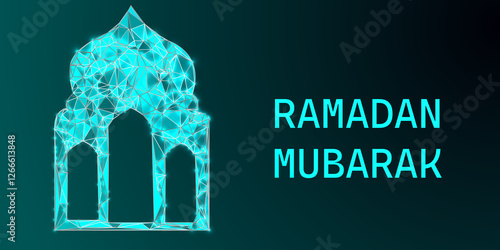 Ramadan Mubarak Low Poly Background – Futuristic Islamic Eid Design with Glowing Crescent Moon, Wireframe Hand, Blue Night Sky, and Sparkling Stars