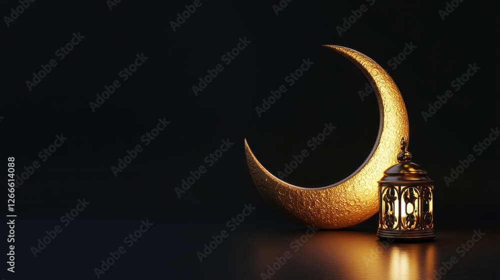 Fototapeta premium golden crescent moon, lantern, place for text, ramadan, background,place for text, ramadan